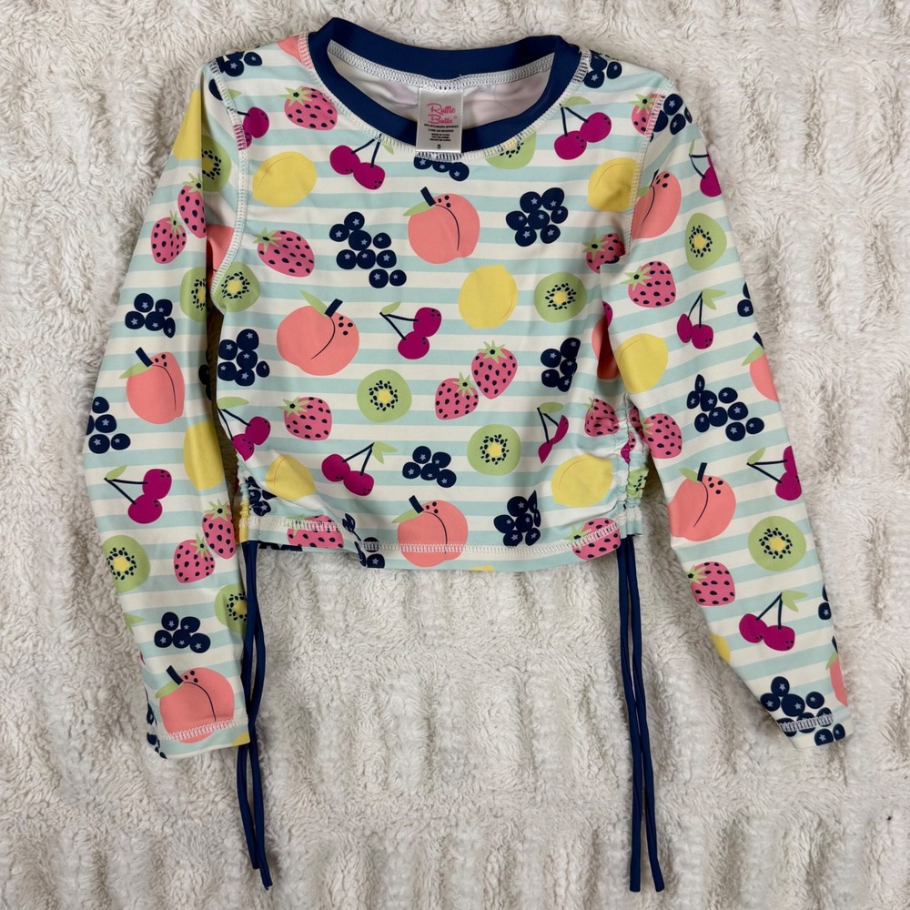 RuffleButts Girls Fruit Print Long Sleeve Rash Guard Swim Top Size 5 Multi-Color